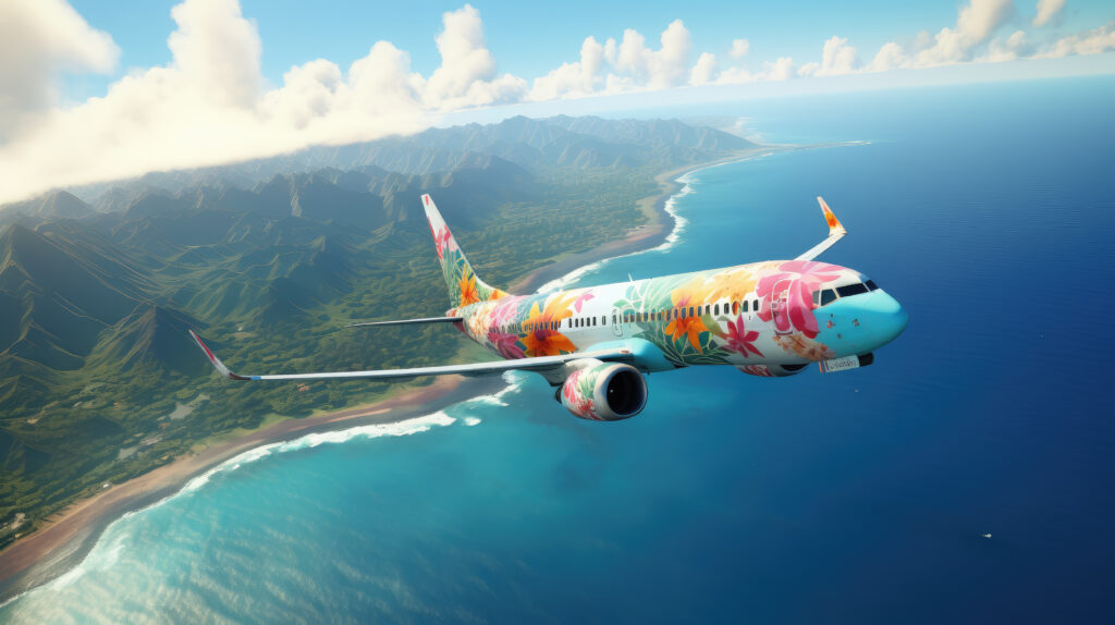 an airplane decorated with flowers flies across the sky, summer travel, flight to Hawaii, air transport, tourism, nature, beauty, vacation, tropics, height, speed, garland